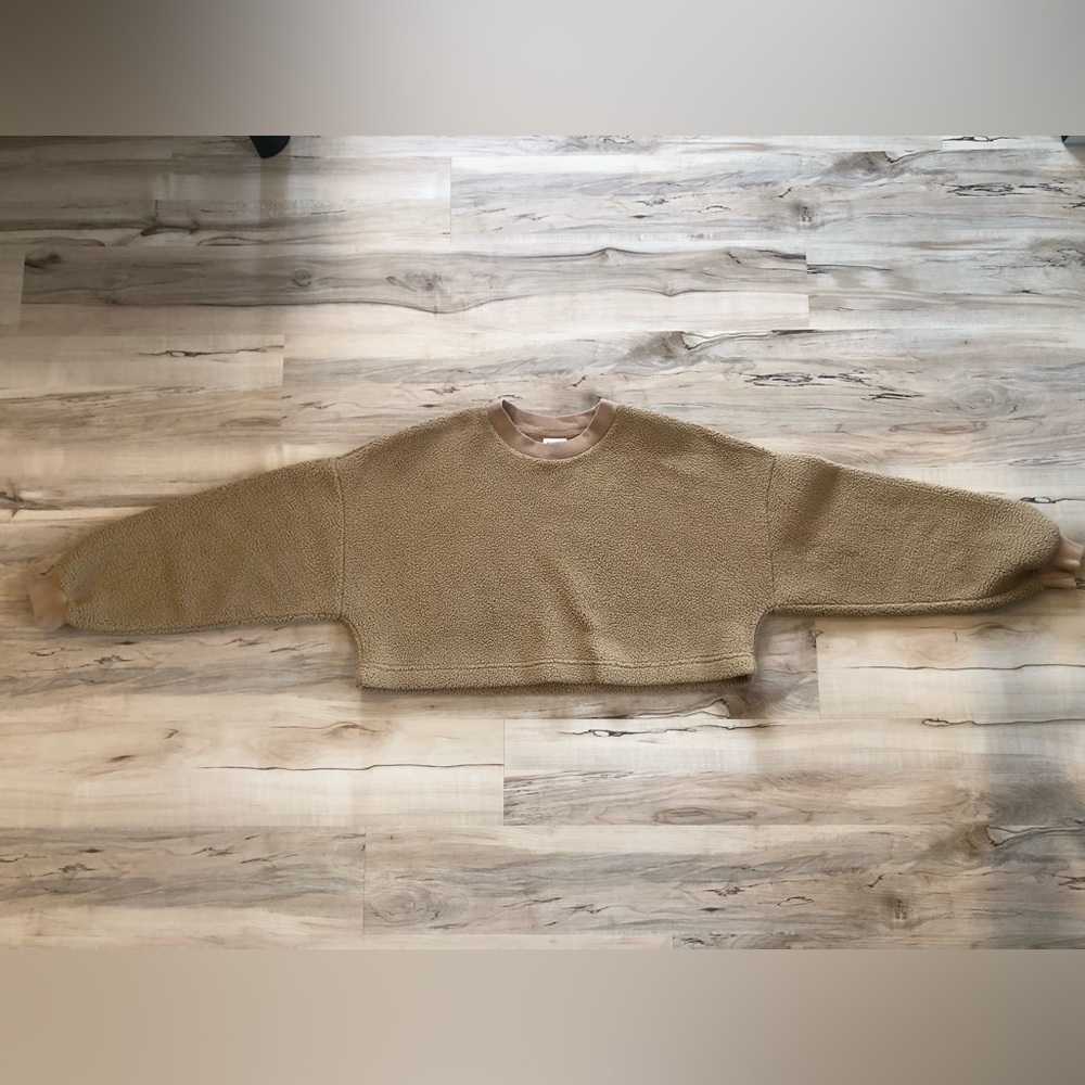 Sunday Best Tan Teddy Fleece Crop Crew Neck Sweater - Picture 3 of 6